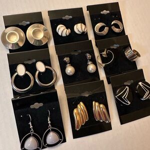 Vintage-modern gold, silver, enamel drop and stud statement earring lot. 9 Pairs